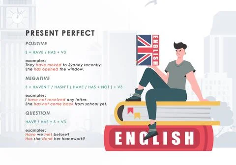 Present perfect. Rule for the study of tenses in English. The concept of le.. Illustrazione stock