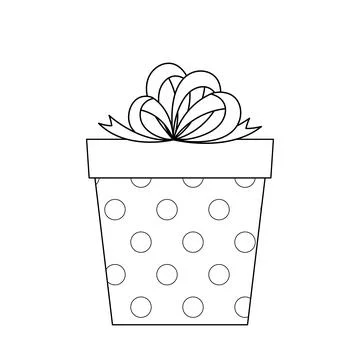 Present with polka dots and bow coloring page. Black and white gift. Vector Stock Illustration