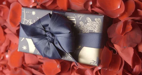 Present in red rose petals rotating, studio vertical 4K, Valentine’s Day Stock Footage 263687426