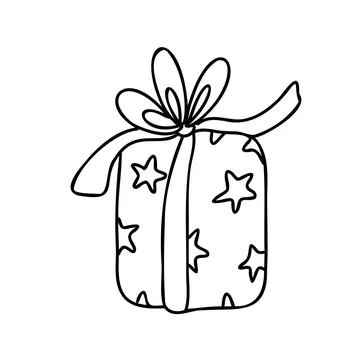 Present with ribbon bow and decorated with stars doodle. Stock Illustration