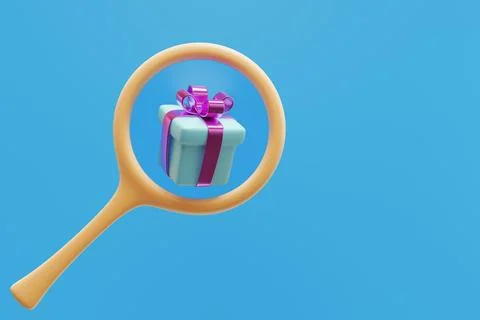 Present search. Gift box under a magnifying glass Illustrazione stock