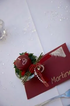 Present wedding table place card society venue Stock Photos