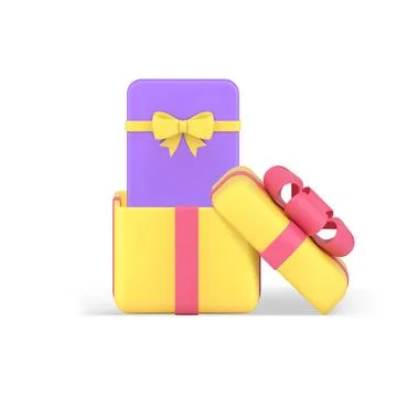Present wrapped package with bow open gift box container holiday celebratio.. Illustrazione stock
