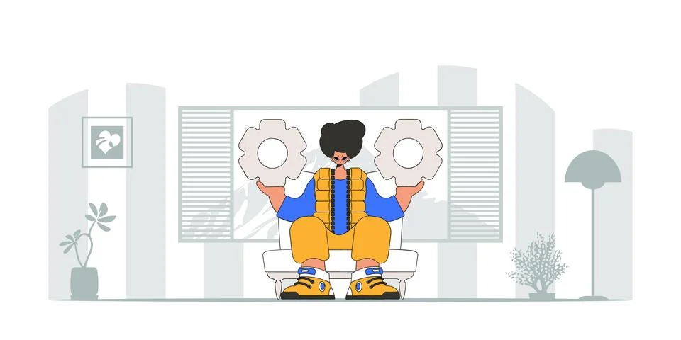 Presentable guy holding gears. Idea theme. Retro trendy style. Illustrazione stock