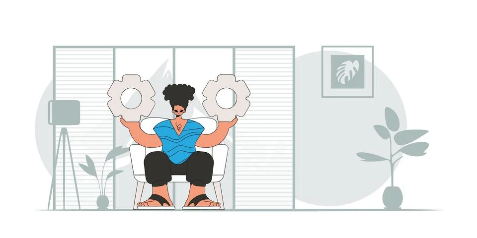 Presentable guy holding gears. Idea concept. trendy character. Stockillustratie