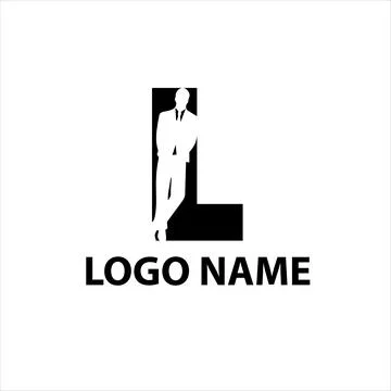 Presentable man in a suit is leaning against the letter L negative space Stock Illustration