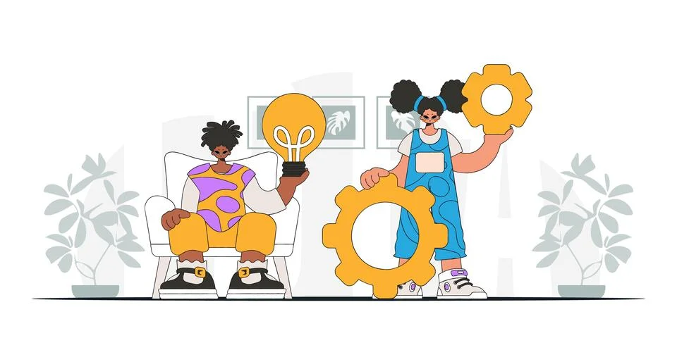 A presentable team solves problems and generates ideas. Light bulb and gear.. 库存插图