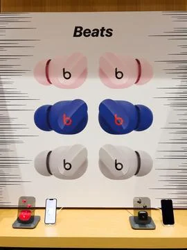 Presentaiton of Beats Studio Buds with Spatial Audio and Active Noise Cancelling Stock Photos