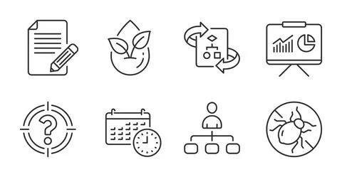 Presentation, Article and Bed bugs icons set. Headhunter, Technical algorithm Stock Illustration