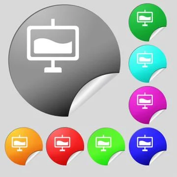 Presentation billboard  icon sign. Set of eight multi-colored round buttons,  Illustrazione stock