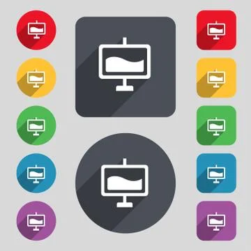 Presentation billboard icon sign. A set of 12 colored buttons and a long shadow. Stock Illustration