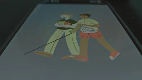Presentation of a blind man with black glasses walking with a companion Stock Footage 304235769