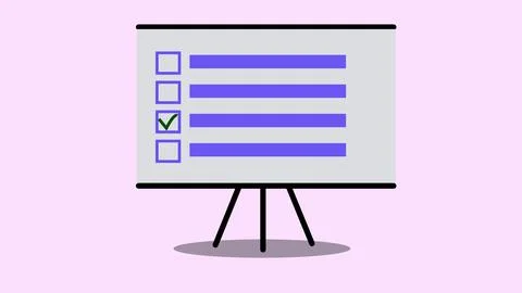 Presentation board with a checklist and lines of text, set a pink background. Stock Illustration