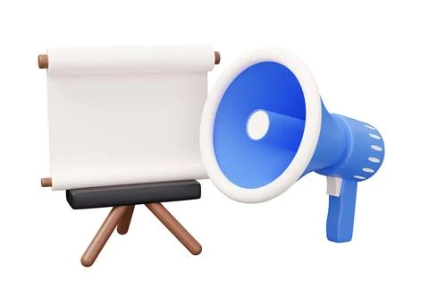 Presentation board megaphone speaker 3d render illustration in minimal cart.. Stock Illustration