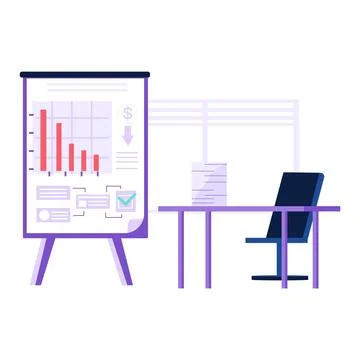 Presentation board in office workplace with computer desk and documents flat Stock Illustration