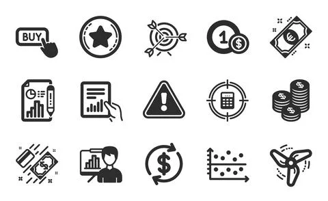 Presentation board, Target and Usd coins icons set. Report document, Loyalty Ilustración de archivo