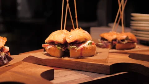 Presentation of burgers in restaurant. Stock Footage 143708745