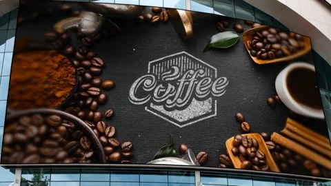 Presentation of a coffee drink on a big screen on the street. Stock Footage 235764927