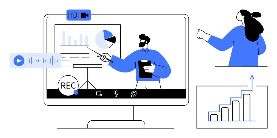 Presentation on a computer screen with a recording icon, charts, a person hol Illustrazione stock