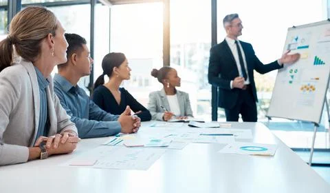 Presentation, data and manager in a meeting about finance, sales and company Stock Photos