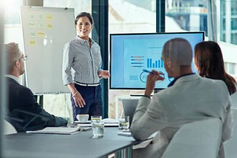 Presentation, data and speaker with business woman in office for sql databa.. Foto stock