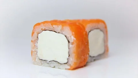 Presentation of delicious sushi rolls with raw salmon and creame cheese Stock Footage 73103619