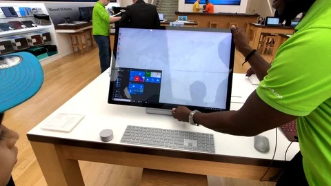 Presentation of features of Microsoft Surface Studio in the company's store Stock Footage 98232458