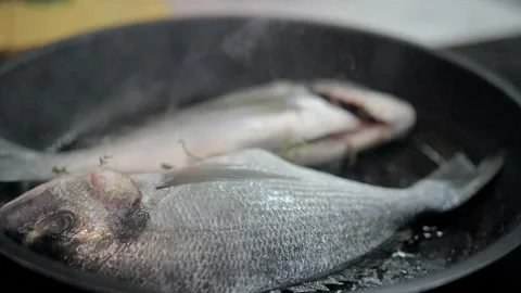 Presentation of fresh sea bream on grill pan ready to cook Stock-Footage 132952488