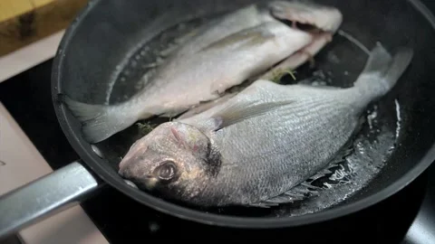 Presentation of fresh sea bream on grill pan ready to cook Stock Footage 132952695