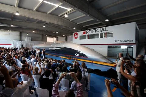 Presentation of the 'Hyperloop' passenger capsule train, El Puerto De Santa Mari Stock Photos