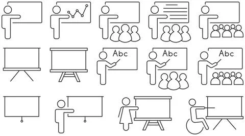 Presentation icon collection. Classroom teaching line icons. Business semin.. Stock Illustration