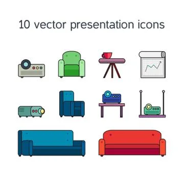 Presentation icons with projector and comfortable seats Illustrazione stock