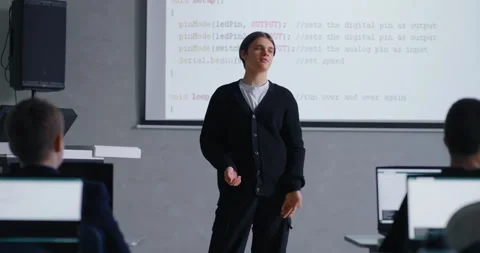 Presentation Of Innovative Project Of Computer Science Or Programming In School Stock Footage 281613936