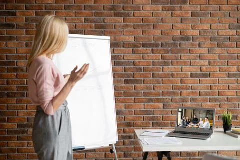 Presentation on interactive whiteboard by video link with the team Stock Photos