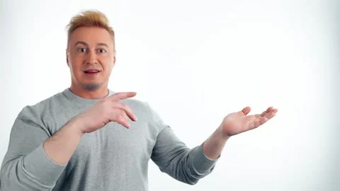 Presentation, mock up and man pointing to advertising, branding. Smiling guy mal Stockbeeldmateriaal 244869152