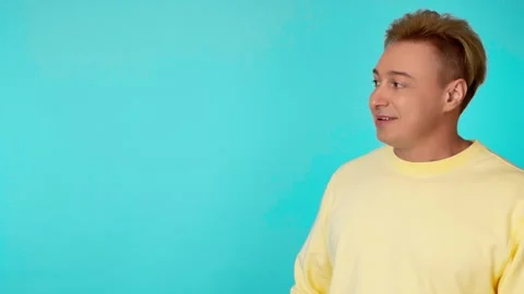 Presentation, mock up and man pointing to advertising, branding. Smiling guy mal Stock Footage 255657719