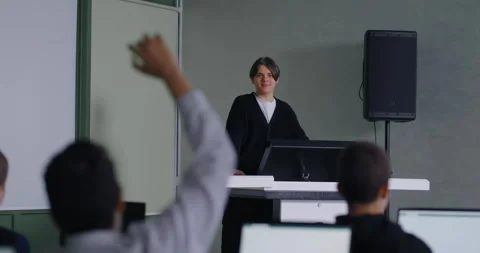 Presentation Of New Educational Project In High School, Teen Boy Speaking In Stock Footage 281613802