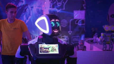 Presentation of an outstanding android robot at the exhibition Stock Footage 263182980