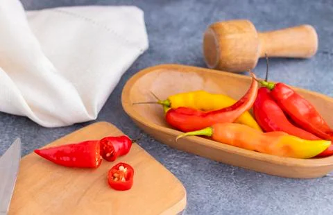 Presentation of Peruvian hot red chili (Aji Limo) Stock Photos