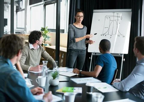 Presentation, planning and data with business people in meeting for statistics Foto stock
