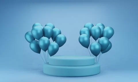 Presentation platform, with a realistic group of blue helium balloons. Stock Illustration