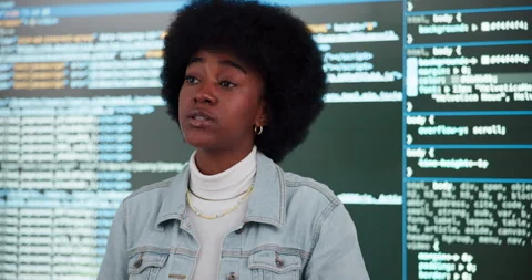 Presentation, programming and workshop with black woman in office of web Stock Footage 280957864