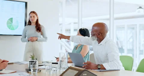Presentation, question or business people with screen for chart, finance Stock Footage 330921530