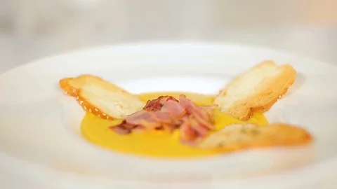 Presentation of restaurant dishes, soup and casseroles from potatoes and Stock Footage 80381380
