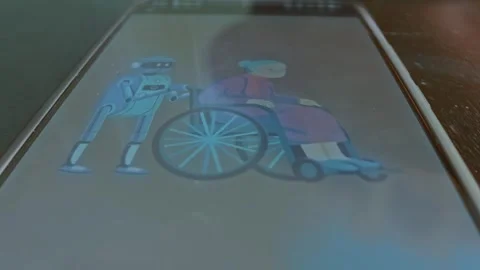 Presentation of a Robot Assistant carrying an elder woman in wheelchair Stock Footage 304234884
