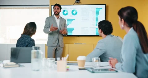 Presentation, screen and people with data analysis, growth or online metrics for Stock Footage 335510975