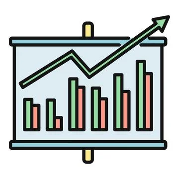 Presentation screen showing a financial bar chart with an upward trend line Stock Illustration