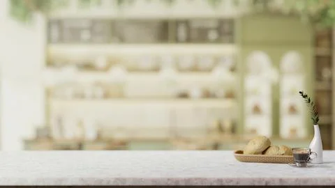 A presentation space on a marble white table in a contemporary green coffee.. Stock Illustration