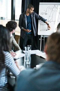 Presentation, speaker and data with business people in meeting for statistics Foto stock