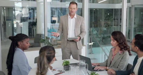 Presentation, tablet and businessman in workshop for feedback, finance review Stock Footage 342000478